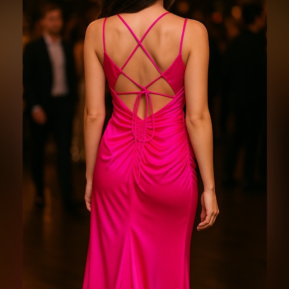 GB Dresses & Skirts - 🆕🌸GB Hot Pink Ruched Satin Prom Wedding Party Maxi Dress Evening Size 9